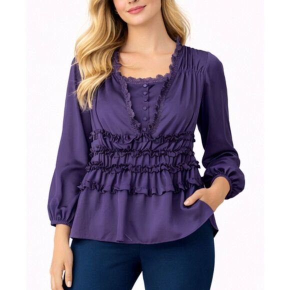 Nanette Lepore Tops - Nanette lepore 100% silk purple ruffled lace trim blouse size 0